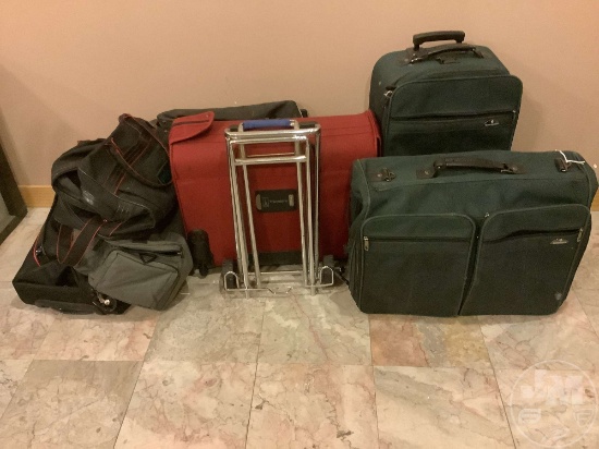 (7) LUGGAGE/SUITCASES/DUFFLE BAGS, SOME TRAVEL PRO & SAMSONITE; LUGGAGE CART