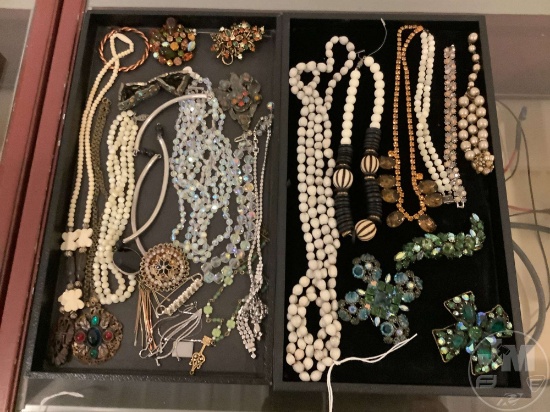 COSTUME JEWELRY: NECKLACES, BRACELETS, EARRINGS, BROACHES; (2) BOXES