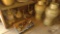 BRASS ITEMS, LAMP, TRAYS; CONTENTS OF BOTTOM (3) SHELVES &