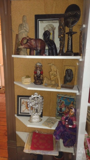 VARIOUS AISIAN STATUES, PICTURES AND PLAQUES, DOLL, VASE, CHINESE PAPER