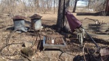 FIRE PIT, FIREWOOD RACK, ROCKING BENCH, UMBRELLA, PATIO TABLE, DOG