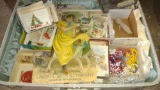 POSTCARDS, JEWELRY, DOLL MUFF, SUITCASE