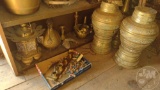 BRASS ITEMS, LAMP, TRAYS; CONTENTS OF BOTTOM (3) SHELVES &