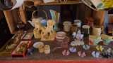 FIGURINES, GLASSWARE, POTTERY; CONTENTS OF TOP AND SHELF