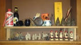 ASIAN FIGURINES, CHOPSTICKS, CUPS, KWEICHOW MOUTAI BOTTLE AND MOUTAI GLASSES,