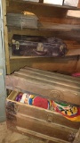 TRUNK WITH CONTENTS, SUITCASE, WOOD DRAWER