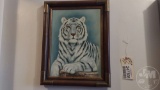 TIGER THEMED ITEMS: PICTURES, FIGURINES/STATUES, BANK, DECANTER, POSTERS