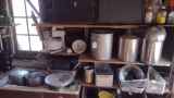 POTS, PANS, MIXER; CONTENTS OF 3 SHEVES & SINK