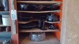BLACK GLASSWARE, CLEAR GLASS BOWL; CONTENTS OF (4) SHELVES