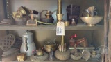 SAD IRONS, BRASS ITEMS; CONTENTS OF TOP (4) SHELVES