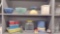 POTTERY BOWLS, GLASS JARS AND REFRIGERATOR DISHES. 2 SHELVES