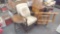 VINTAGE UPHOLSTERED ROCKER WITH TABLE AND SHELF.