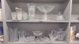 CUT GLASS PIECES, IRIS VASE AND OTHER GLASS. 2 SHELVES