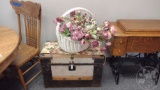 VINTAGE TRUCK WITH TABLE RUNNER AND FLOWERS IN BASKET