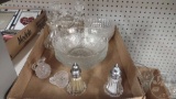 PUNCH BOWL, VINEGAR CRUETS, SALT AND PEPPER SHAKERS, AND CANDY