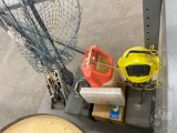 VINTAGE FISHING EQUIPMENT; POLES, NET, TACKLE BOXES; CONTENTS OF CORNER