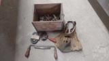 WOODEN CRATE WITH TRAPS, DRAW KNIFE AND GROOMING TOOLS