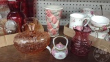 CUPS AND SAUCERS, VACES AND CANDY DISHES. ALL ON SHELF