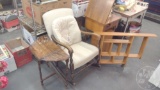 VINTAGE UPHOLSTERED ROCKER WITH TABLE AND SHELF.