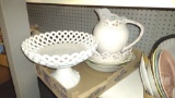 PLATES, BOWLS, FRAMES AND OPEN LACE CENTERPIECE. 5 BOES