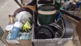KITCHEN POTS AND PANS, COOLER, DUSTER BUSTER. 2 BOXES