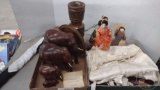 ASIAN THEMED CLOTHING AND WOODEN ELEPHANTS, 2 BOXES