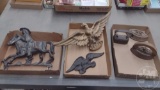 CAST IRON AND METAL PIECES, SAD IRONS, EAGLE AND HORSE,