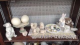 EASTER ITEMS: EGGS, RABBITS, SHEEP AND RUG. ALL ON SHELF