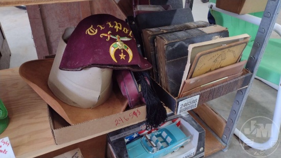 SHRINERS HAT, COWBOY HAT AND VINTAGE BOOKS (2) BOXES