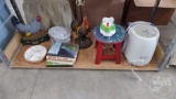 CHICKEN LAMP, DOOR STOP, STOOL, HUMIDIFIER; CONTENTS OF SHELF