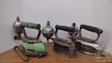 VINTAGE KEROSENE IRONS AND PUMP (PUMP HANDLE WILL NOT PULL),