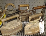 5 VINTAGE CHARCOAL IRONS; (1) DALLI, ALL WITH WOOD HANDLES