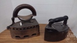 VINTAGE CHARCOAL IRONS WITH WOODEN HANDLES, (1) VULKAN PATENT DECKER