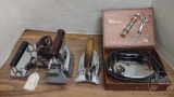 4 VINTAGE ELECTRIC IRONS; (1) KNAPP MANARCH TRAVEL IRON, NO