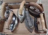 VINTAGE PRESSING IRONS WITH WOODEN HANDLES, (1) GH OBER, (1)