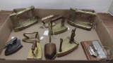 VINTAGE SMALL PRESSING IRONS, SOME COMMEMORATIVE, SOME BRASS, (2) FLATIRON