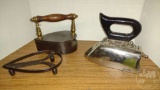 VINTAGE IRONS, ONE BELGIAN SLUG IRON WITH SLUG AND TRIVET,