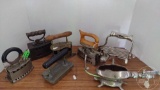 VINTAGE SAD IRONS, GAS IRON, BURNER, REVOLVING IRON/FLUTER