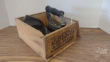 VINTAGE ASBESTOS SAD IRON WOOD BOX WITH IRONS