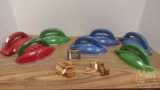 VINTAGE CHILDRENS METAL TOY IRON WITH SOME HOMEMADE WOOD ONES