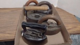 VINTAGE SAD IRONS WITH WOOD HANDLES; (1) HARDWARE SPECIAL, (1)