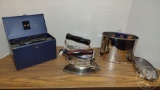 (4) VINTAGE ELECTRIC IRONS, HOTPOINT, UNIVERSAL WITH METAL BOX, CAPITAL,