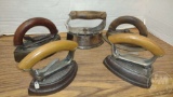 VINTAGE CAST IRON SAD IRONS; WOOD HANDLED, OBER'S, COLD HANDLE,