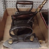 (2) VINTAGE METAL BOX IRONS, AND A GAS IRON MARKED