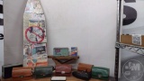 VINTAGE TOY IRONING BOARD, CRIBBAGE BOARD, EMPTY BOXESS AND CASES