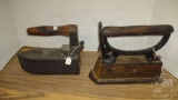 2 VINTAGE TAILORS IRONS WITH DETACHABLE WOOD HANDLE