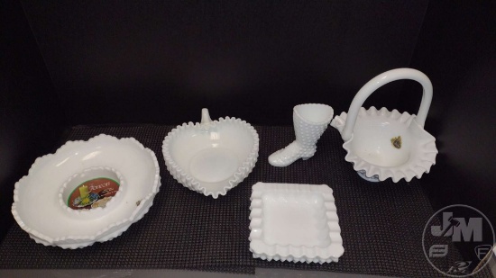 FENTON WHITE HOBNAIL DISHES - HEART DISH, ASHTRAY, BASKET, BOOT,