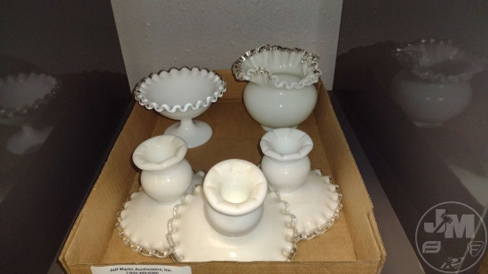 FENTON SILVER CREST CANDLE HOLDERS, BOWL & COMPOTE (5) PCS