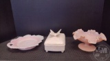 FENTON PINK RUFFLED BOWL, JEANETTE CIGGARETTE BOX, AND PINK DISH