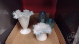 FENTON AQUA CREST VASES (2), HOBNAIL FAIRY LIGHT &